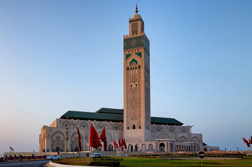 CASABLANCA, MOROCCO - JUNE 14, 2017: View of the Hassan II Mosque is a mosque in Casablanca. It is largest mosque in Morocco and the one of the largest in the world.