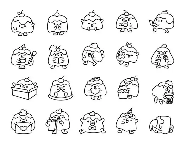 Vector illustration of Cartoon happy pudding characters. Coloring Page. Fun food. Hand style. Vector drawing. Collection of design elements.