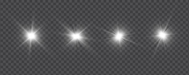 bildbanksillustrationer, clip art samt tecknat material och ikoner med set of realistic vector white stars png. set of vector suns png. white flares with highlights. - glamour