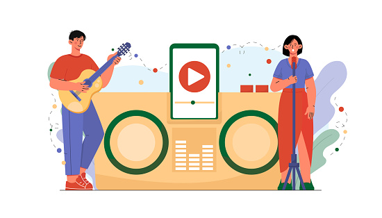 Singer and guitarist concept. Man with musica instrument and woman with microphone. Musical band performing near radio. Entertainment and leisure, concert. Cartoon flat vector illustration