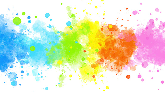 Rainbow-colored Watercolor Splashes Background with Spattered Droplets