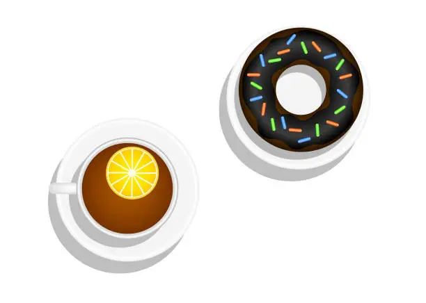Vector illustration of Cup of Tea with Lemon and Donut