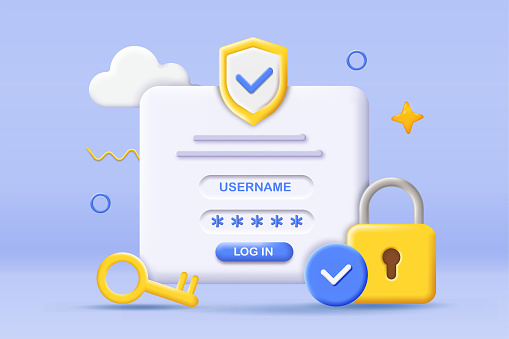 3D login poster. Authorization and authentication. Protection of personal data and account information. Landing webpage design. Cartoon isometric vector illustration isolated on blue background