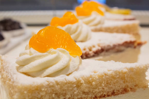 Small assorted cakes lined up in rows at the dessert buffet