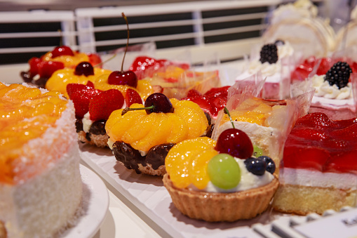 Small assorted cakes lined up in rows at the dessert buffet
