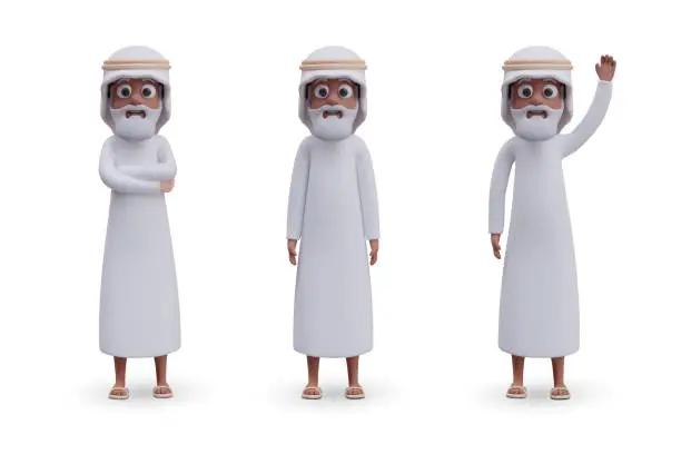 Vector illustration of Bearded Arab grandfather in different poses. Vector oriental man in traditional white clothes