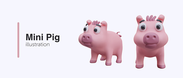 Poster with baby pink pig. Cute funny mini pig in different positions. Domestic farm game concept. Vector illustration in 3D style with place for text