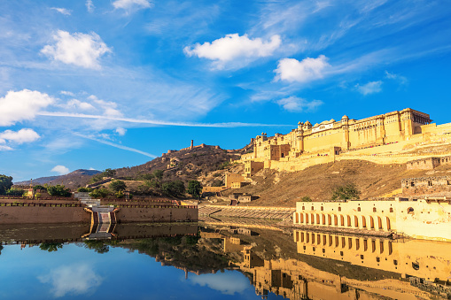 Amber Fort side view with reflection, Jaipur, Rajasthan, India.