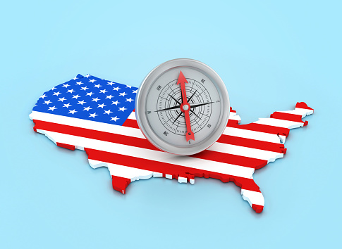 3D Compass with USA Country Shape with American Flaf - Color Background - 3D Rendering