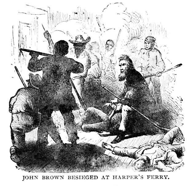 ilustraciones, imágenes clip art, dibujos animados e iconos de stock de john brown en harper's ferry, virginia occidental, maryland, virginia, estados unidos, guerra civil americana, historia americana del siglo xix - blue ridge mountains mountain mountain range appalachian mountains