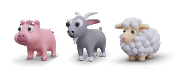 istock Collection with models of baby pig, gray goat, and fluffy sheep standing on white background 2122570219