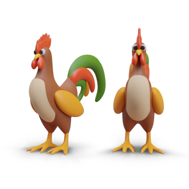 istock Realistic cock in different positions. Farm rooster, fighting cock with colored tail 2122575394