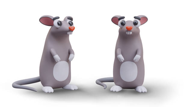 istock 3D mouse with heart nose and white belly. Toothy rat stands on its hind legs 2122579553