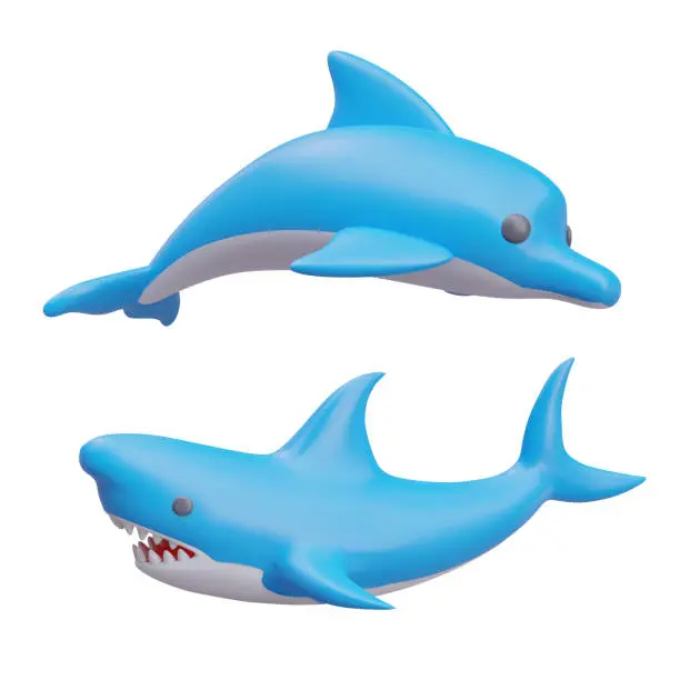 Vector illustration of Realistic composition with cute blue dolphin and shark