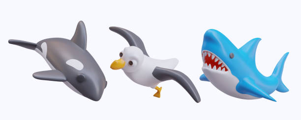 istock Realistic killer whale, seagull, and blue shark. Collection with sea animals 2122588964
