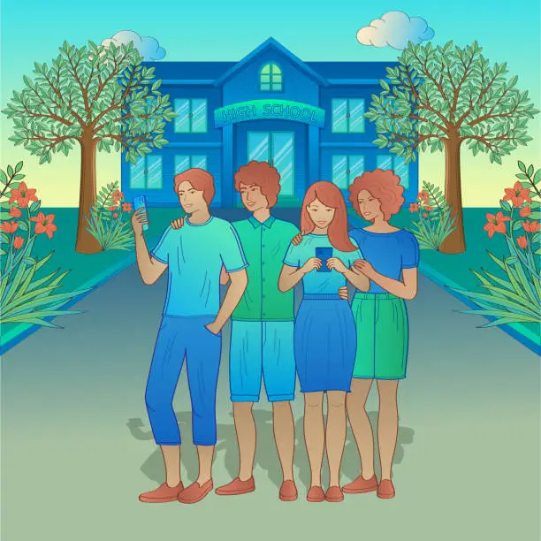 Vector illustration of Students group in front of high school