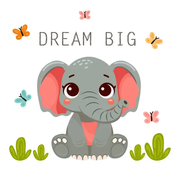 Vector illustration of Cute Young elephant Stands On White