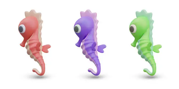 Vector illustration of Cute seahorses in cartoon style. Set of purple, pink, green images