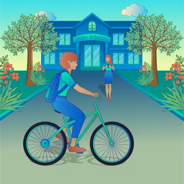 Vector illustration of Two students in front of high school