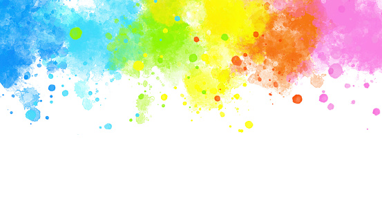 Rainbow-colored Watercolor Splashes Background with Spattered Droplets and copy space