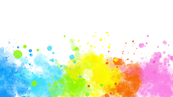 Rainbow-colored Watercolor Splashes Background with Spattered Droplets & copy space