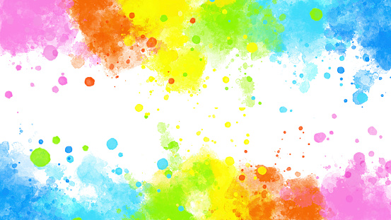 Rainbow-colored Border Watercolor Splashes Background with Spattered Droplets & copy space