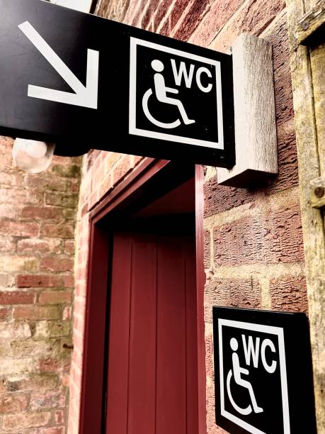 istock Black and white Accessible Toilet signage on a brick building 2122637186