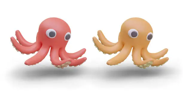 Vector illustration of Collection with realistic octopus in red and beige colors on white background with shadow