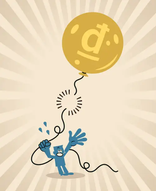 Vector illustration of The money balloon that the blue man was holding on to was disconnected, loss of control, and the money balloon flew away