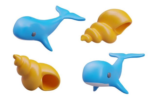 istock 3D blue whale, yellow conical shell. Illustrations on marine theme. Oceanic fauna 2122655531