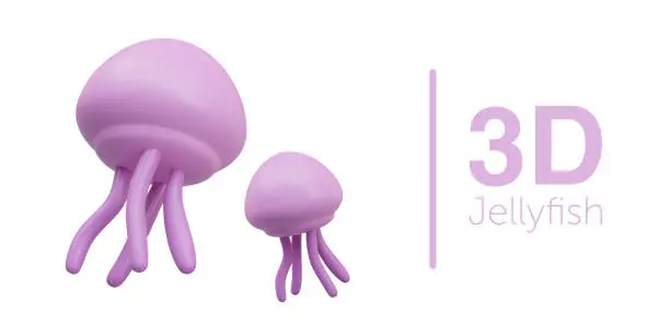 Vector illustration of Pink jellyfish on white background. Set of vector objects in different positions