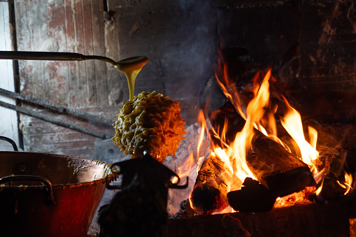 Wood-fired spit-roasted cake, Pyrenees-Atlantique, France. High quality photo