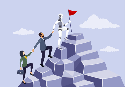 Chatbot and Business people climb to the top of the mountain.