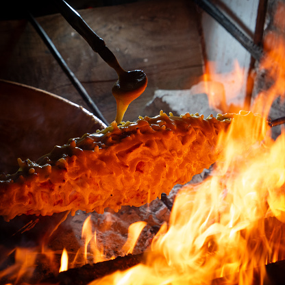 Wood-fired spit-roasted cake, Pyrenees-Atlantique, France. High quality photo