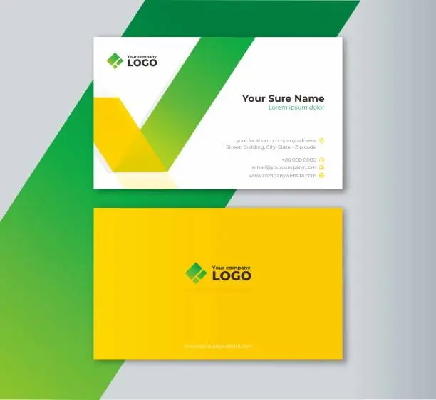 Vector illustration of Double sided business card templates with modern a green and yellow folding ribbon on a white color background