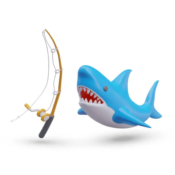 Vector illustration of Shark hunting concept. Extreme sport fishing. 3D blue shark with open mouth, reel fishing rod