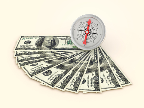 3D Compass with Dollar Bills - Color Background - 3D Rendering