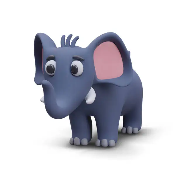 Vector illustration of Funny elephant with raised trunk, side view. 3D illustration in plasticine style