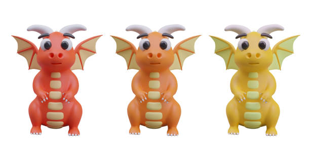istock Collection with small red, orange and yellow dragon with wings on white background 2122699599