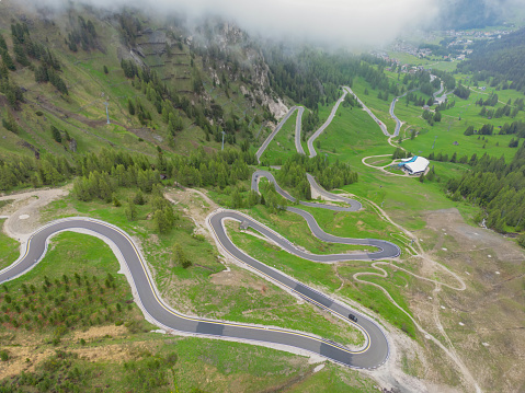 Aerial of the Sella Pass in the Dolomites, Italy.