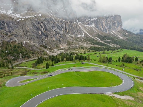 Aerial of the Sella Pass in the Dolomites, Italy.