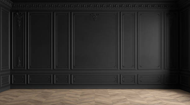 istock Classic modern black empty interior with blank walls with moldings, stucco and wood floor. 3d render illustration mockup. 2122709707
