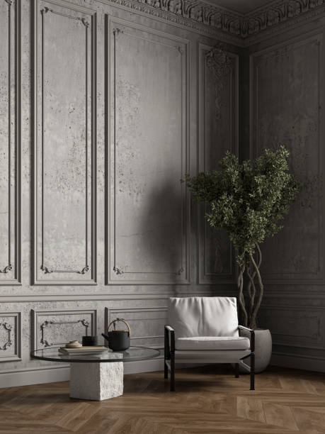 istock Classic gray interior with concrete wall, moldings, stucco, armchair and decor. 3d render illustration mockup. 2122710226