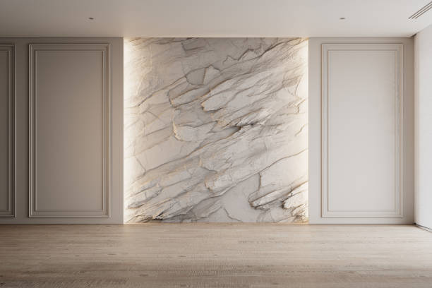 istock Contemporary white beige empty interior with rock stone wall and moldings. 3d render illustration mockup. 2122711786