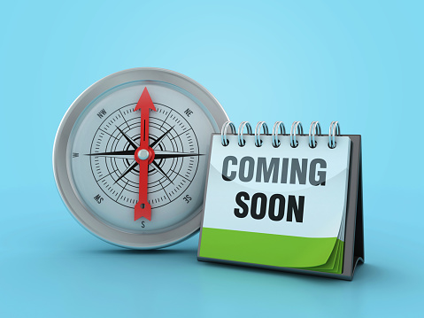 3D Compass with Coming Soon Calendar - Color Background - 3D Rendering