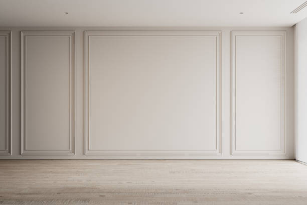 istock Contemporary beige bright interior with wall panels, moldings. 3d render illustration mockup. 2122713876
