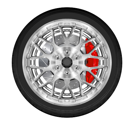 Silver car wheel with brake caliper brake disc and tire isolated on white background with clipping path