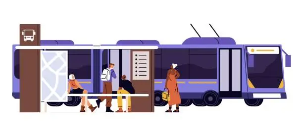 Vector illustration of Trolleybus arrives at terminal station. Electric urban transport, public vehicle, mass transit rides on city route. Passengers waiting transfer at bus stop. Flat isolated vector illustration on white