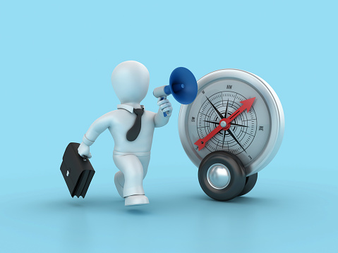 3D Compass on Wheels and cartoon Business Person with Megaphone - Color Background - 3D Rendering