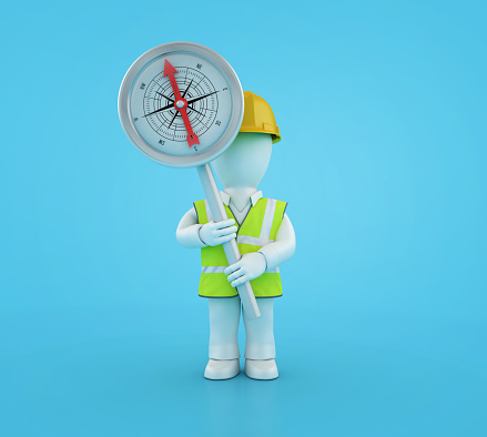 3D Compass with Cartoon Work Person - Color Background - 3D Rendering